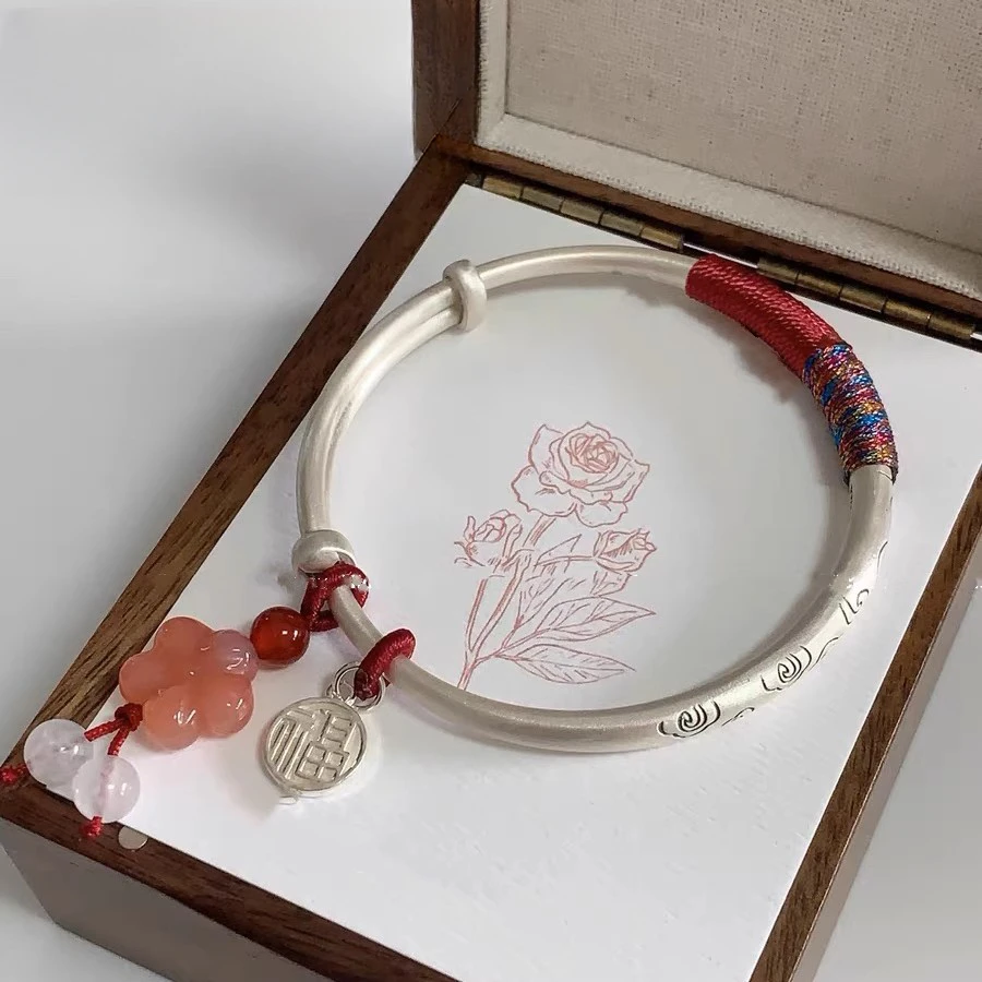 足银手镯 山海纯银推拉手镯女足银999复古哑光古风送女友妈妈礼物