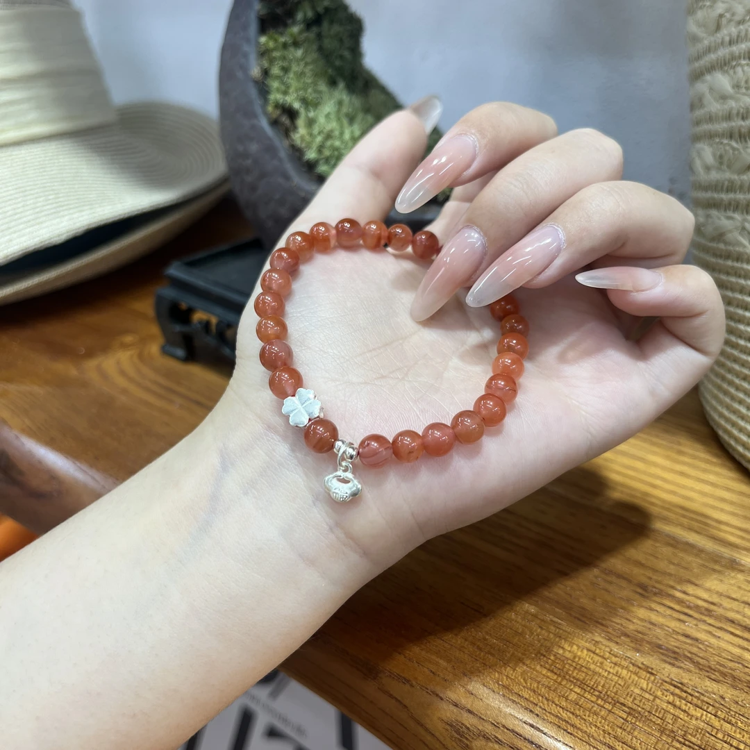 7mm天然南红配925银四叶花平安锁手串颜色多样性发S118