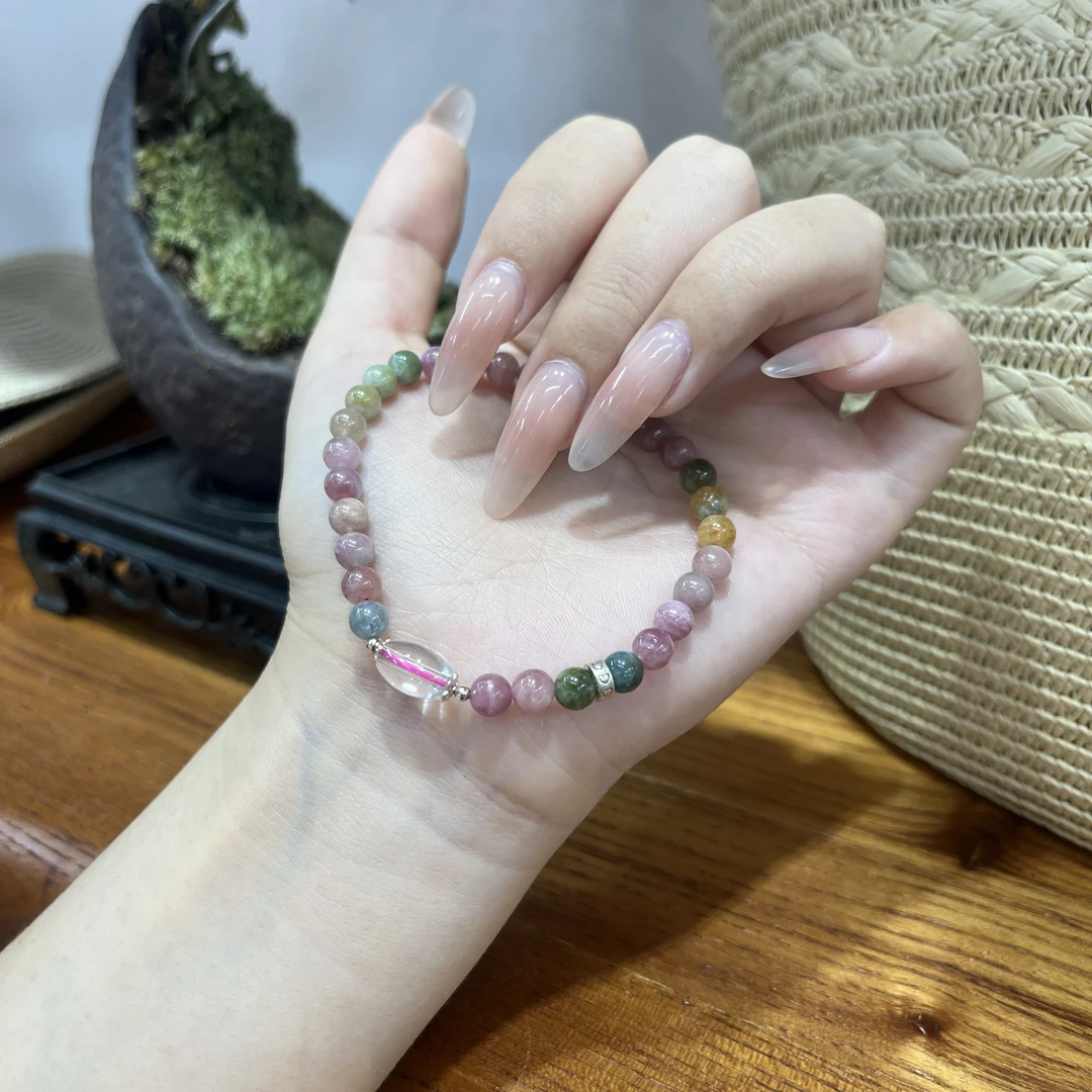 粉色单圈碧玺5mm搭配白水晶925银饰轻奢手串颜色多样性发S137