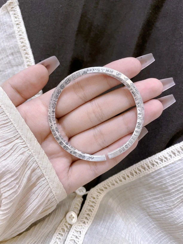 足银银制品 足银999.9吉言招财猫文字扭镯古法做旧实心纯银手镯