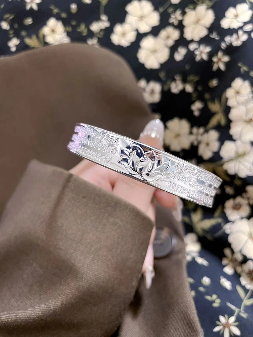 足银银制品 足银999荷花心经复古民族风国朝纯银手镯精美经典百搭