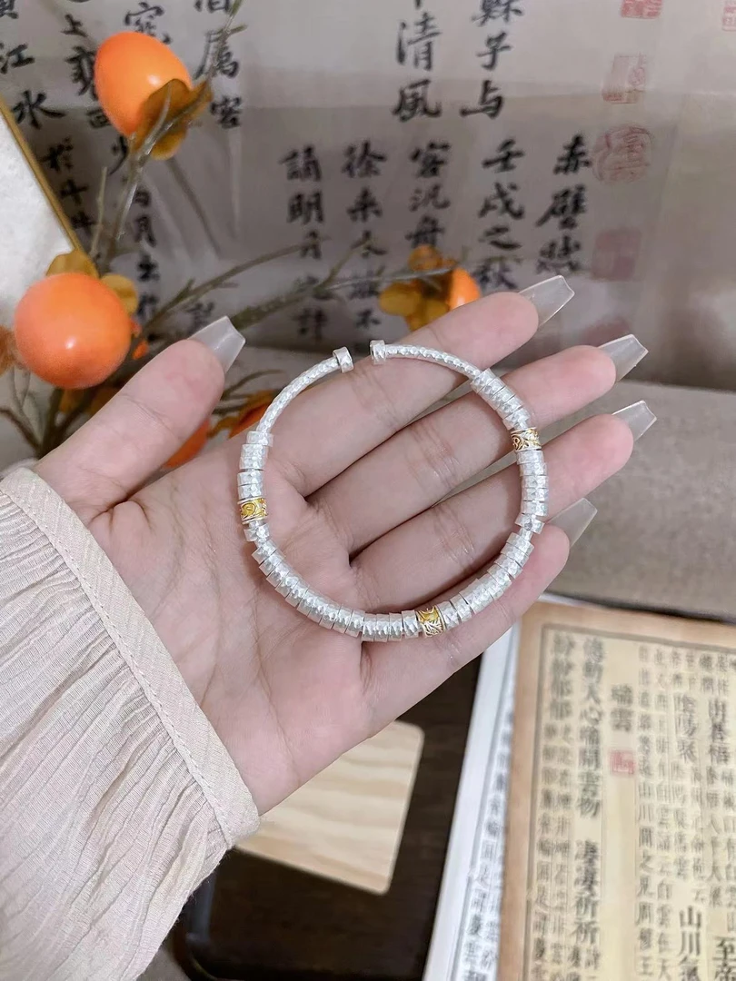 足银银制品 足银999.9新中式描金盘缠代代有钱简约百搭纯银手镯
