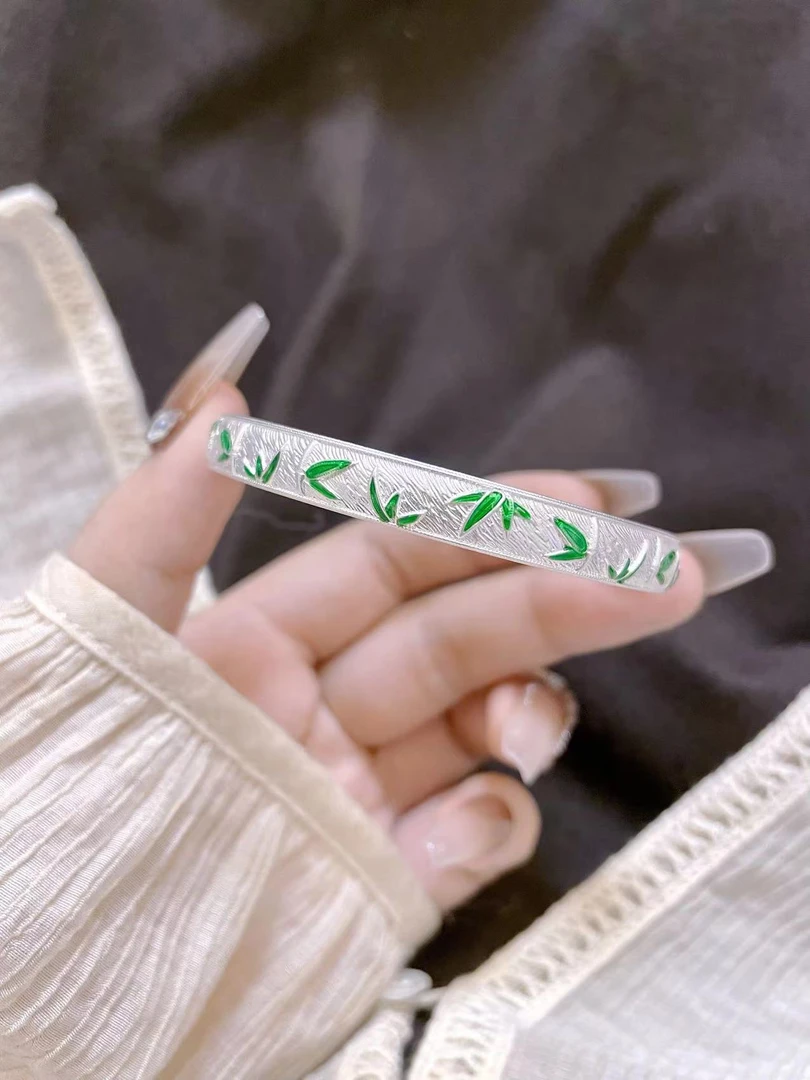 足银银制品 足银999.9新中式珐琅彩竹节简约百搭时尚精美纯银手镯