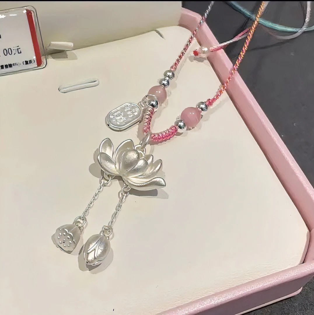 足银银制品 足银999纯手工编制莲花吊坠项链两世欢国潮古风项链