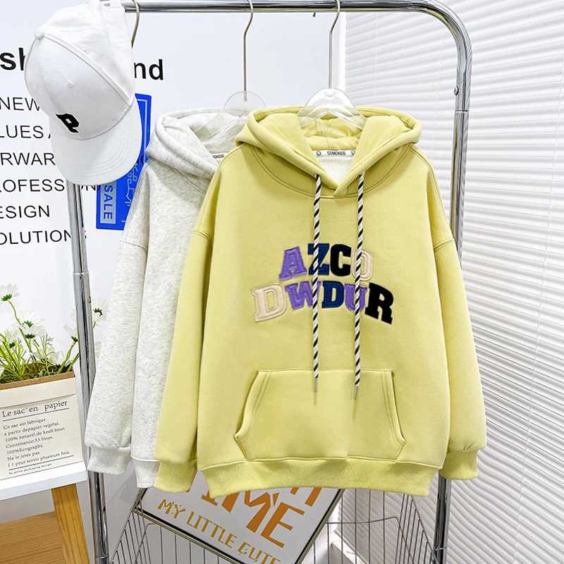 冬季新款加绒帽衫女大童中大童连帽上衣休闲宽松潮zb3907简约童品