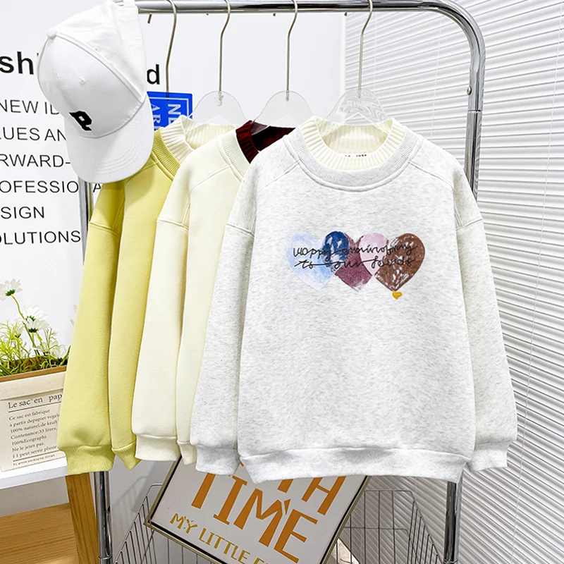 冬季新款加绒加厚爱心卫衣中大童上衣休闲宽松圆领zb5008简约童品