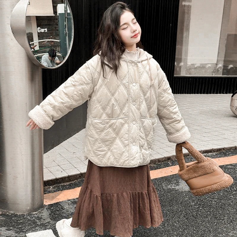 冬季新款女童连帽棉服潮流宽松儿童时尚外套中大童zb3847简约童品