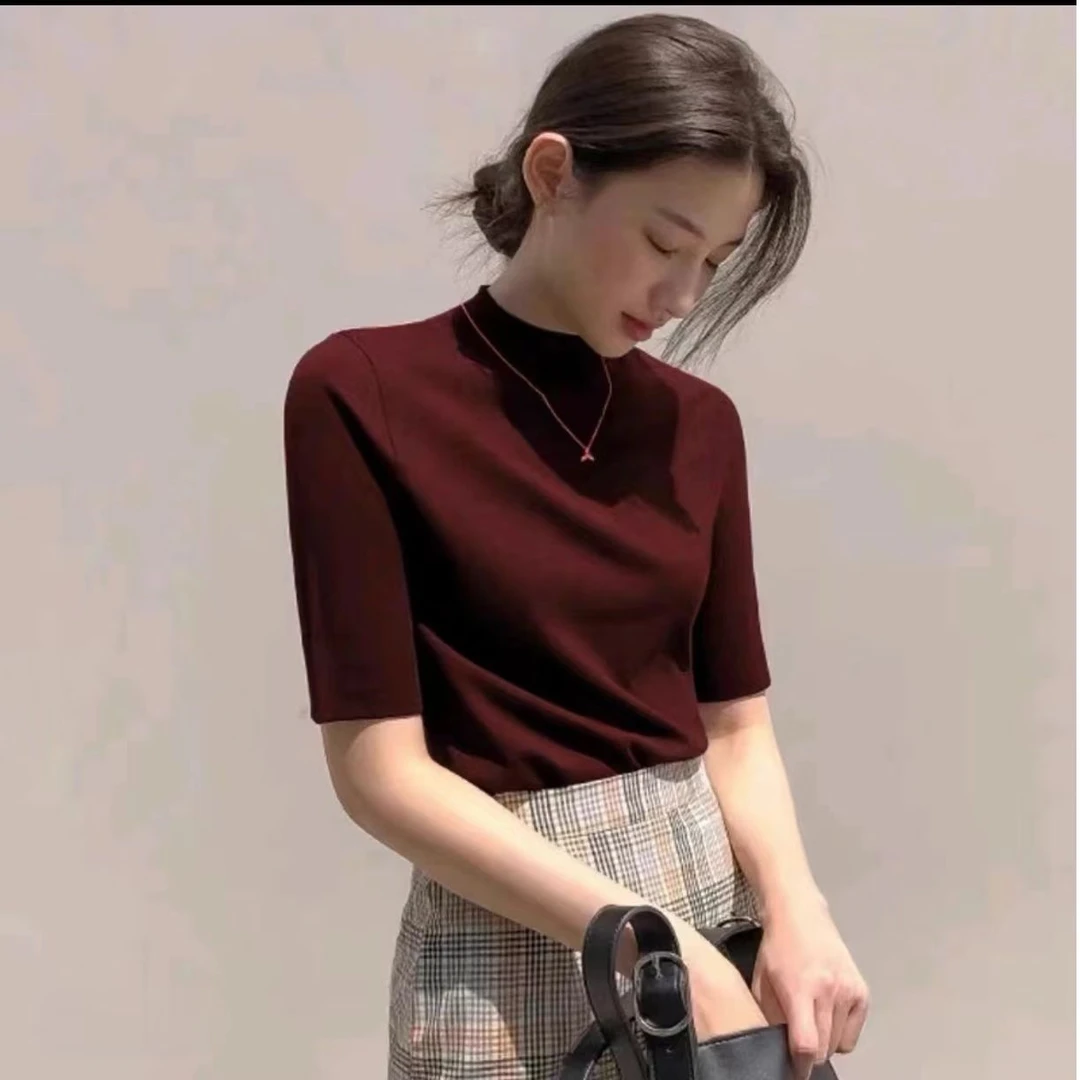 秋季洋气打底衫女五分袖内搭修身显瘦百搭纯色气质春夏上衣#3888