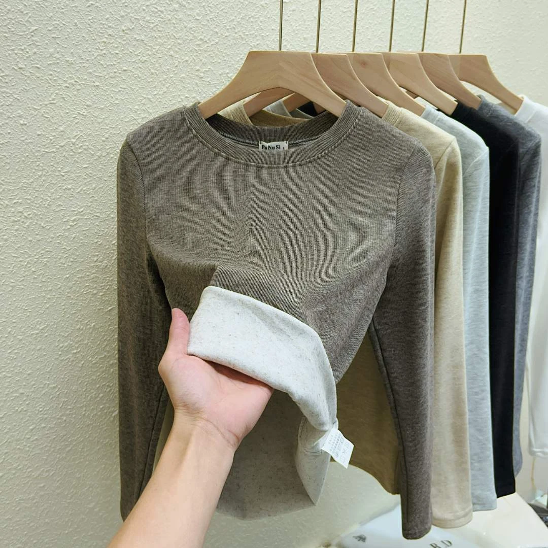 秋冬圆领打底衫女内搭时尚百搭修身显瘦保暖加绒长袖T恤上衣