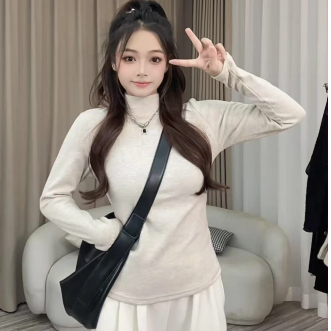秋冬一体绒长袖打底衫女半高领保暖百搭修身气质单穿上衣