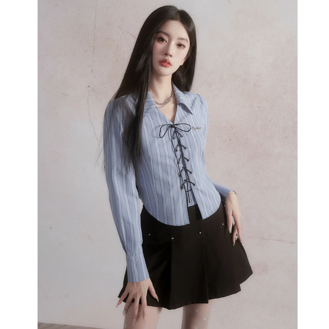 Fragile Heart（秋冬福利）海盐奶盖设计条纹衬衫小众气质绑带上衣