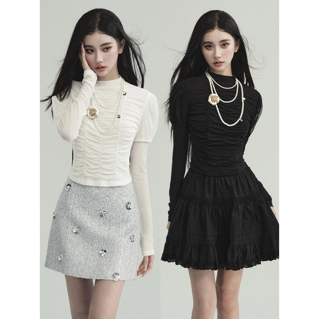 Fragile Heart【易碎商店自播】· 纯欲风修身褶皱收腰长袖T恤上衣