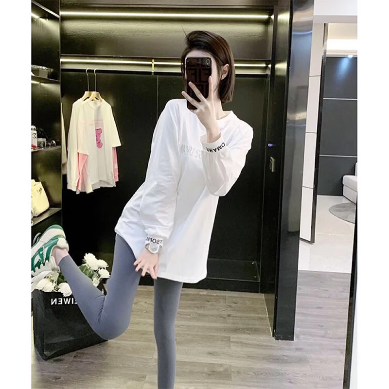 白色长袖t恤衫女内搭春秋款2025新款中长款休闲品质女装潮牌上衣