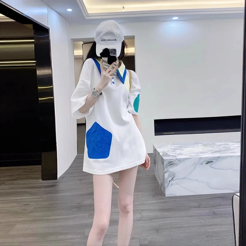 polo领短袖女t恤假两件品质炸街高级感小众女装上衣洋气衣服女