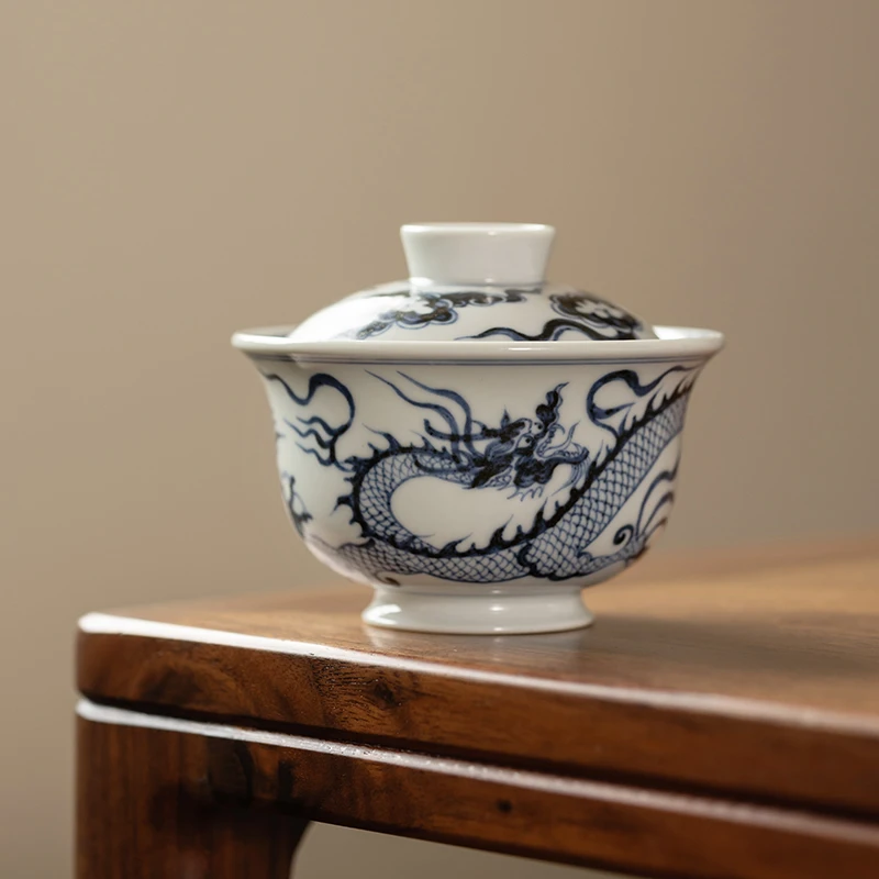 釉下手绘龙纹盖碗仿元元宝龙壶承功夫茶具景德镇青花茶器礼盒