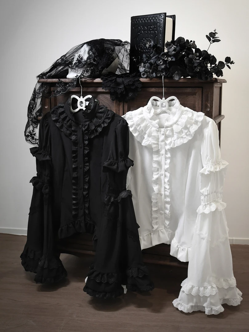 现货 修身显瘦哥特原创Lolita白色黑色内搭衬衫 接袖 姬袖衬衫