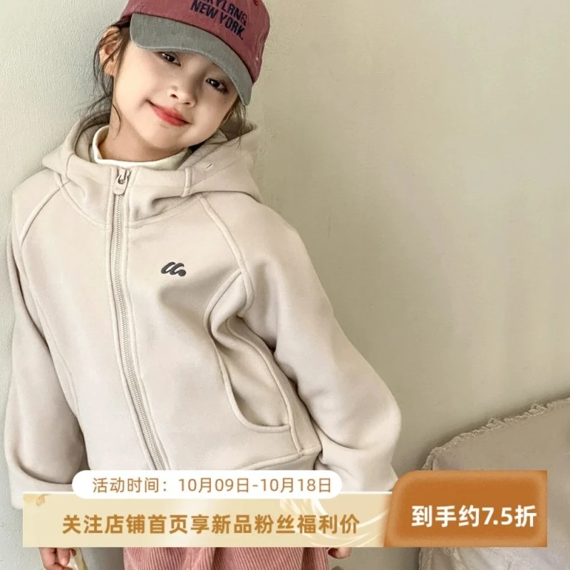 女童外套秋冬款2025新款儿童双面绒卫衣冬季中大童连帽拉链衫上衣