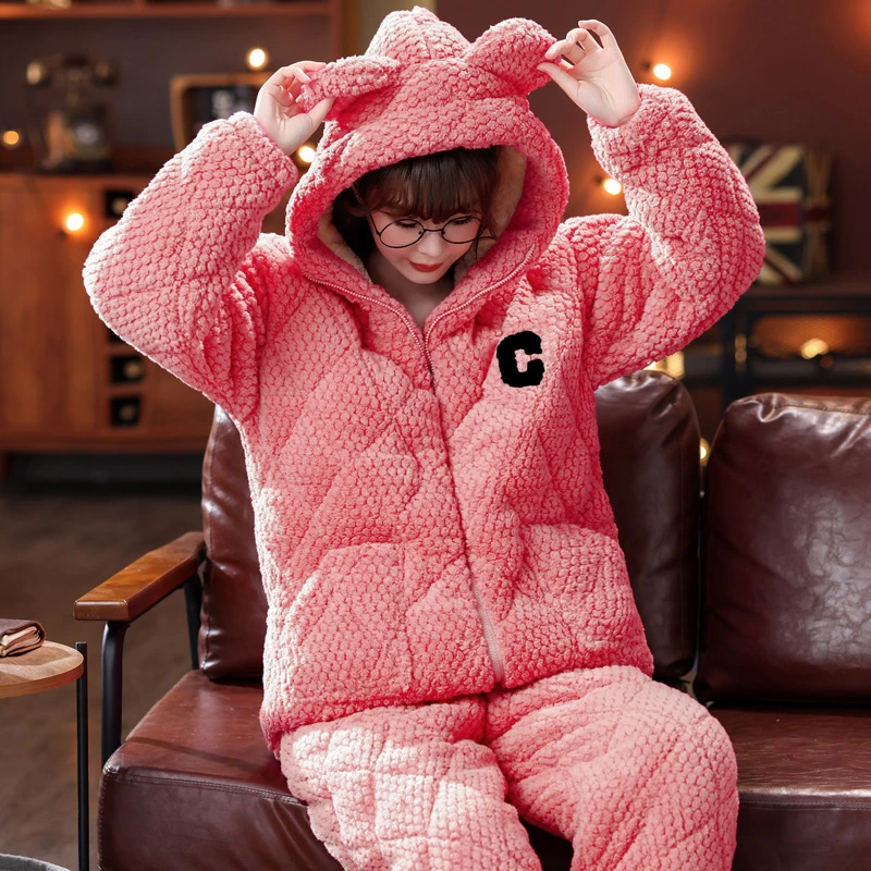 秋冬季冬天睡衣女套装连帽保暖女士加绒加厚款大码家居服冬款厚实