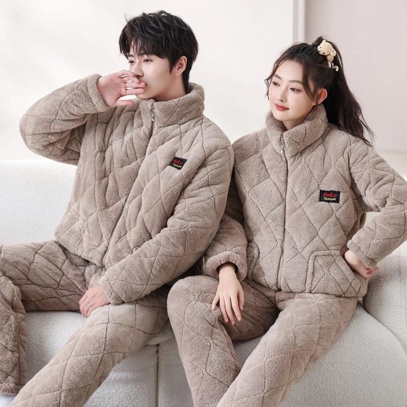 秋冬季冬天珊瑚绒睡衣女夹棉加绒加厚款保暖家居服情侣睡衣男套装