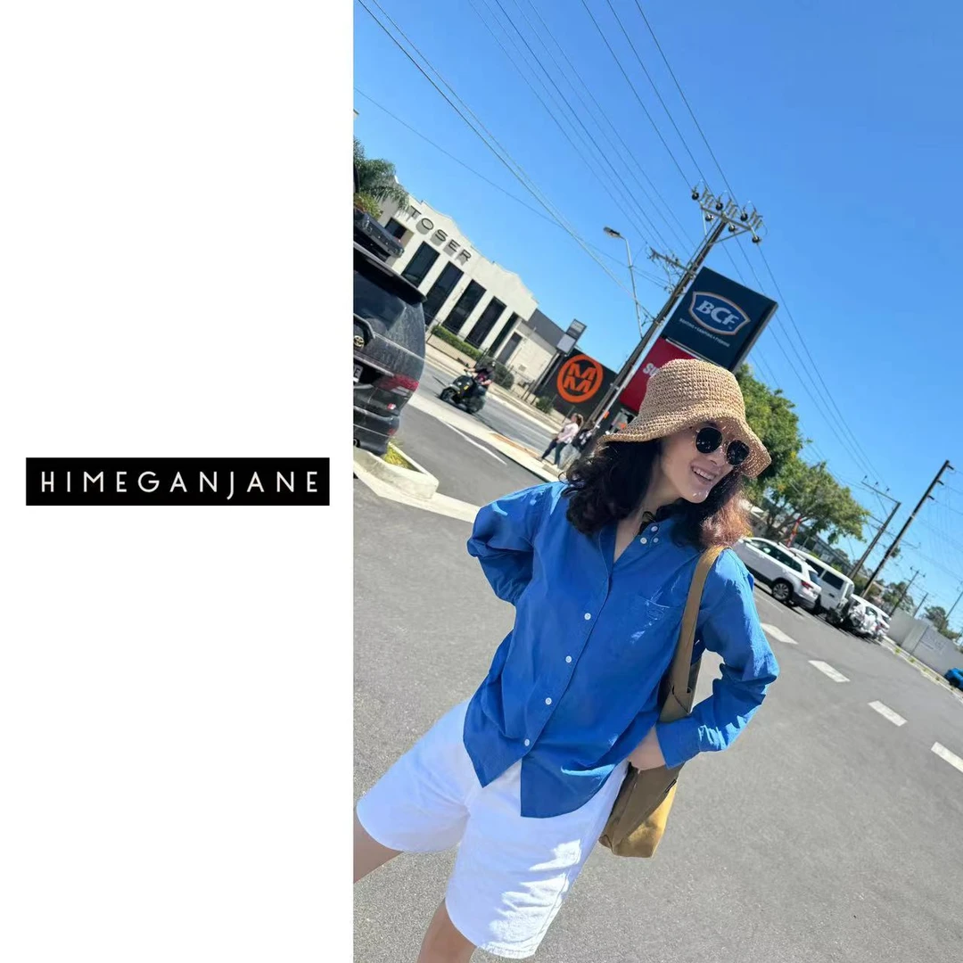 HIMEGANJANE 博主风纯棉酵洗做旧设计感工艺宝蓝色衬衣女3790