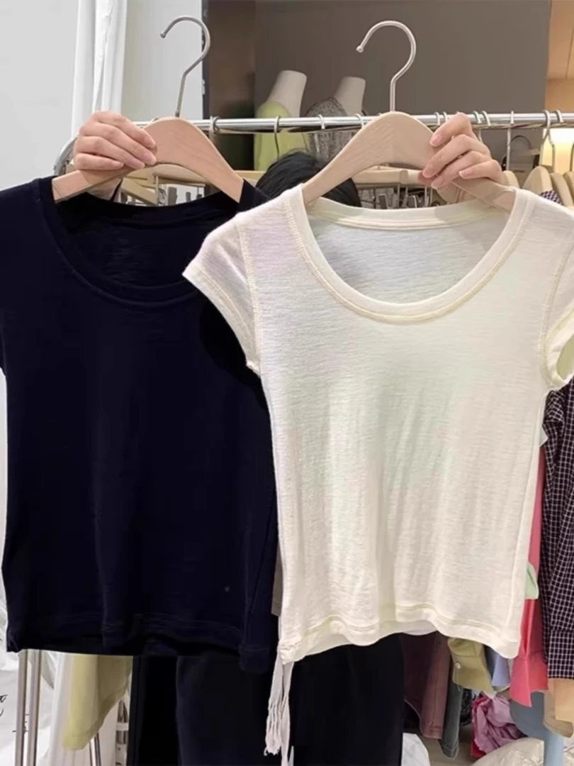 新款气质白色纯欲圆领内搭打底衫T恤女夏季法式套头短袖别致上衣