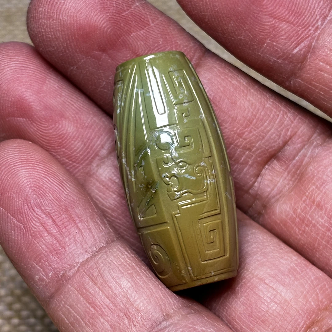 原矿绿松石高瓷军绿仿古龙凤桶珠12克