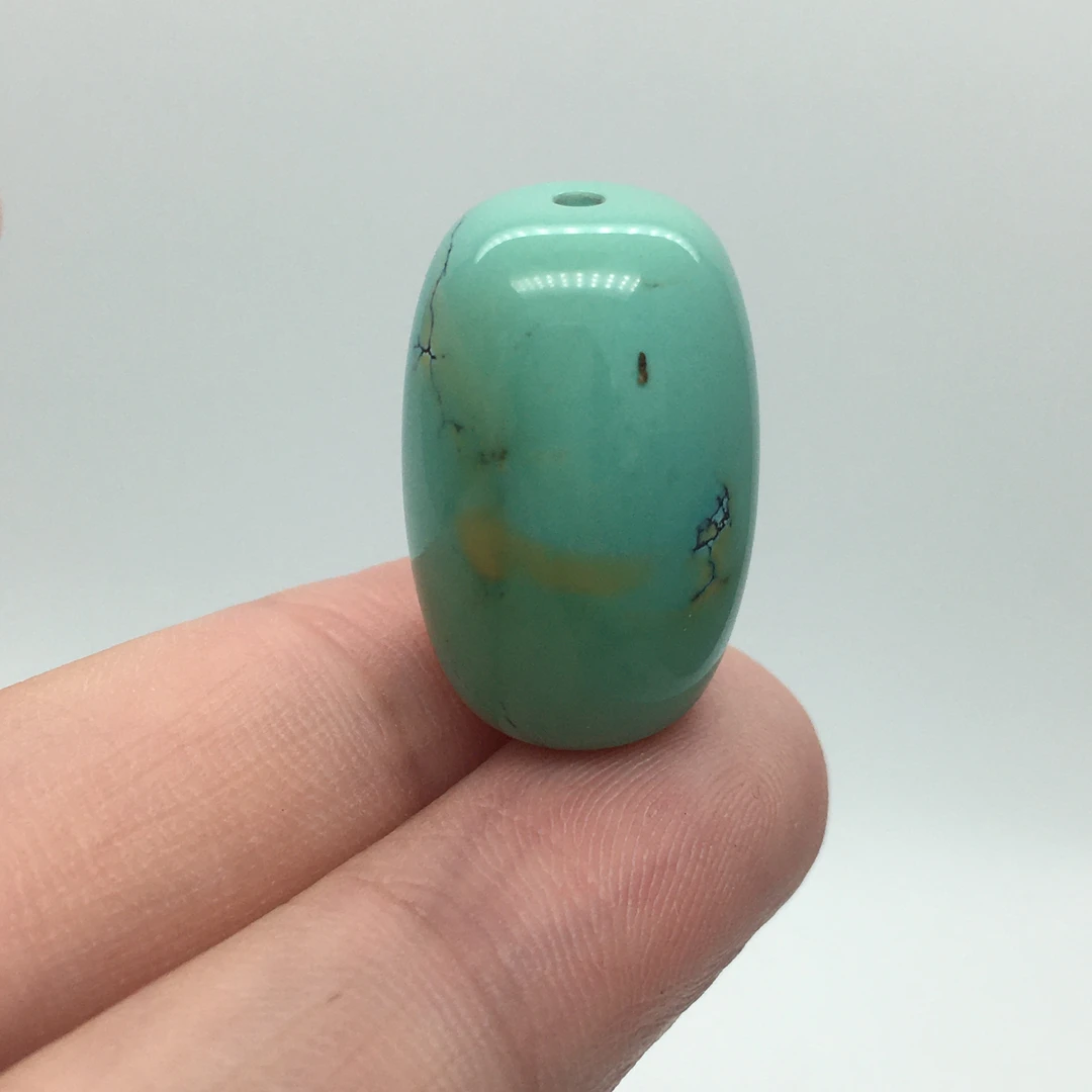 湖北原矿绿松石高瓷绿水草纹枣珠顶珠锁骨14mm7.5g支持地大鉴定