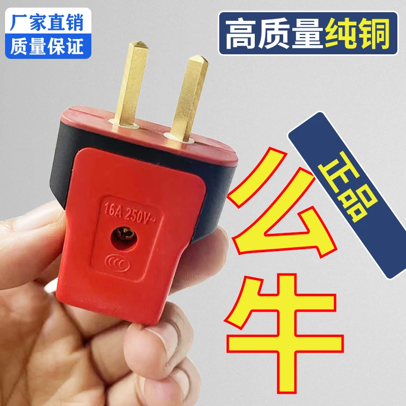 【6000W】牛加厚纯铜插头二脚不带线防摔连体铜16A大功率电源叉头