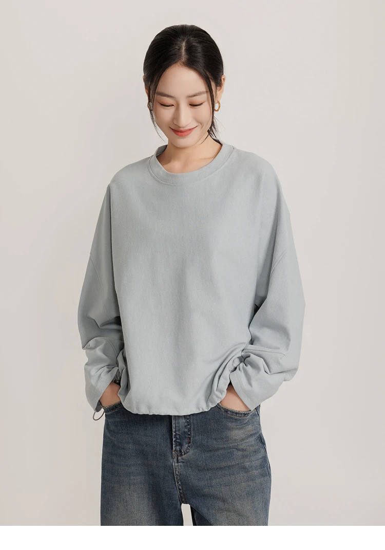 春秋款【慵懒自然】 圆领轮廓设计拼接侧抽绳下摆粗针卫衣880023