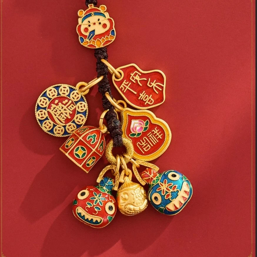 财神爷招财钥匙扣一家三口纳福吞金兽古法金挂饰挂件汽车钥匙链
