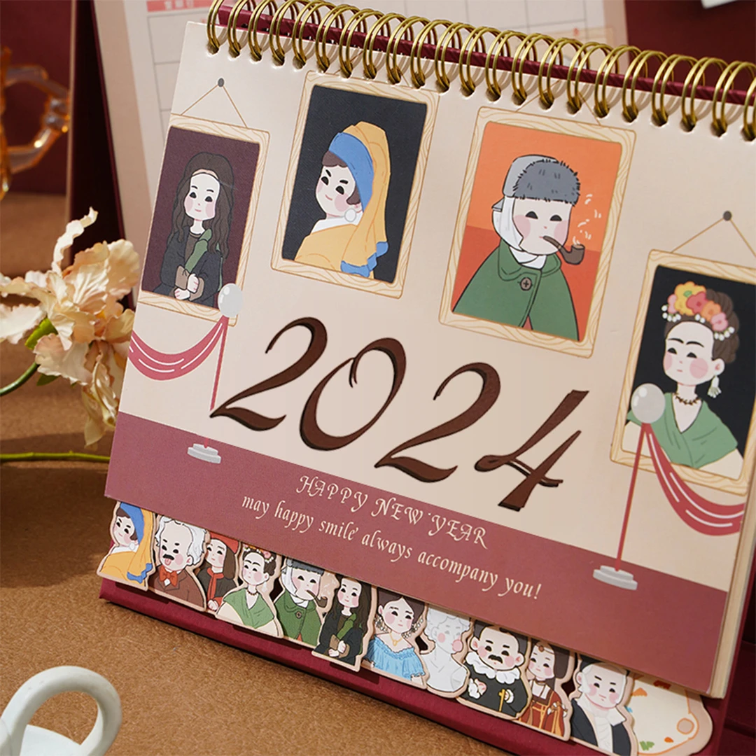 新款台历2024龙年台历可爱卡通风创意日历月历简约名人堂台历车载