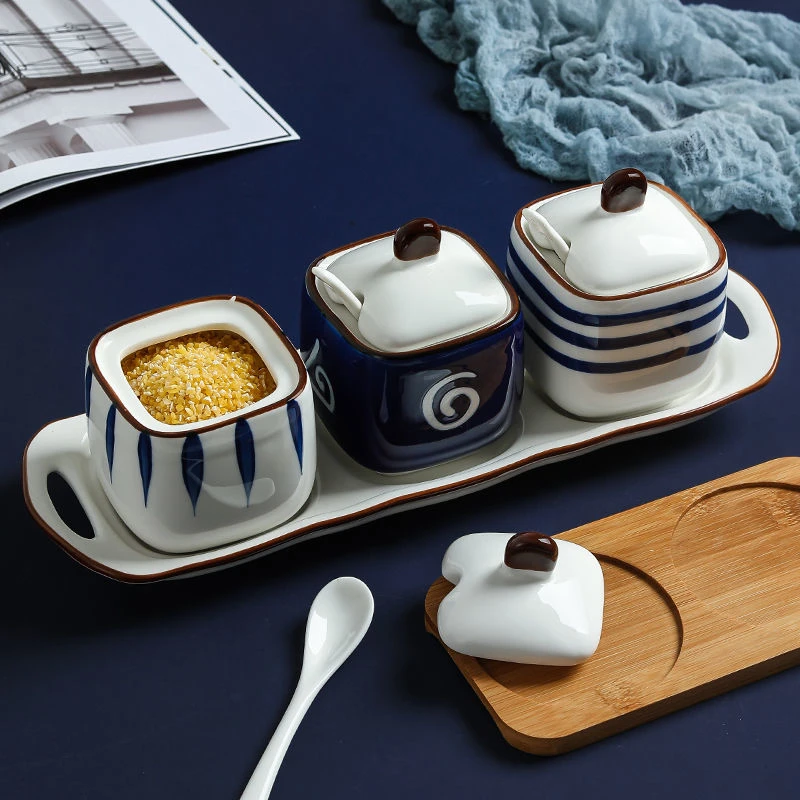 日式陶瓷调料罐子家用带盖调料罐厨房调味罐盐罐调料盒子调料架