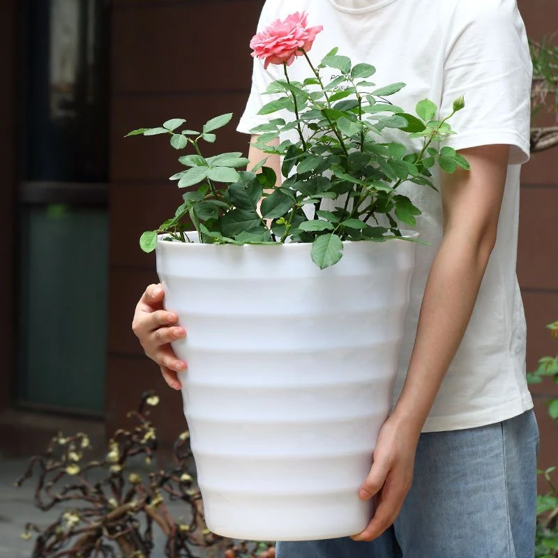 超大螺纹仿瓷树脂花盆加厚白色黑色花盆送托盘盆景植物大型塑料盆