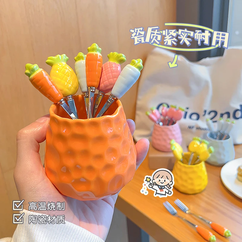 可爱水果叉收纳罐套装家用304不锈钢小叉子儿童安全果插套装Z602