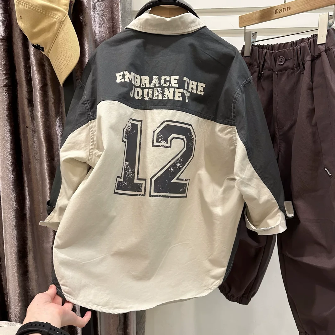 男童衬衫秋装外套2024新款中大童春秋款长袖设计款复古港风上衣潮