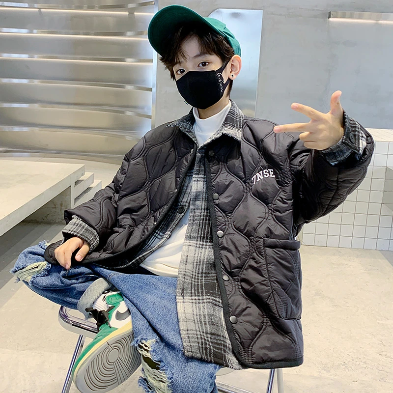 童装男童夹棉保暖冬装2023新款中大童棉服儿童洋派假两件宽松外套