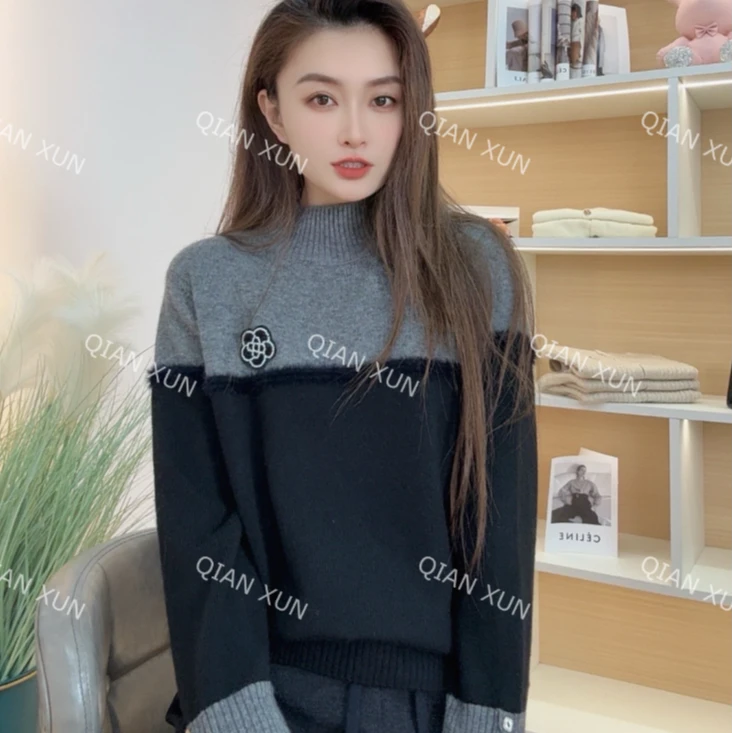 【思思精选】2024新款秋冬撞色拼接长袖套头半高领针织衫S145#