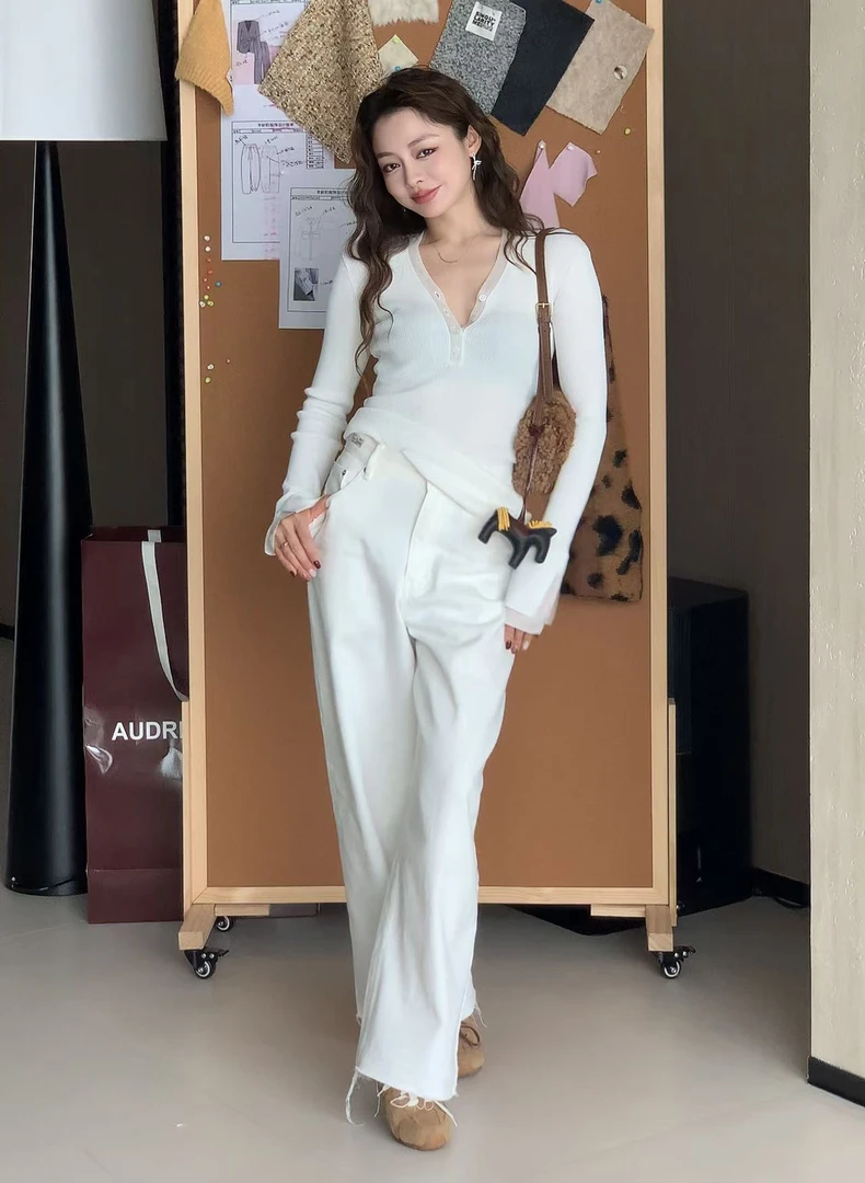 Singularity Me 10S 7019 纽扣半开领拼接双层纱袖坑条针织衫