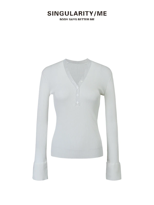 Singularity Me 70015 软糯修身显瘦针织上衣V领纽扣长袖毛衣