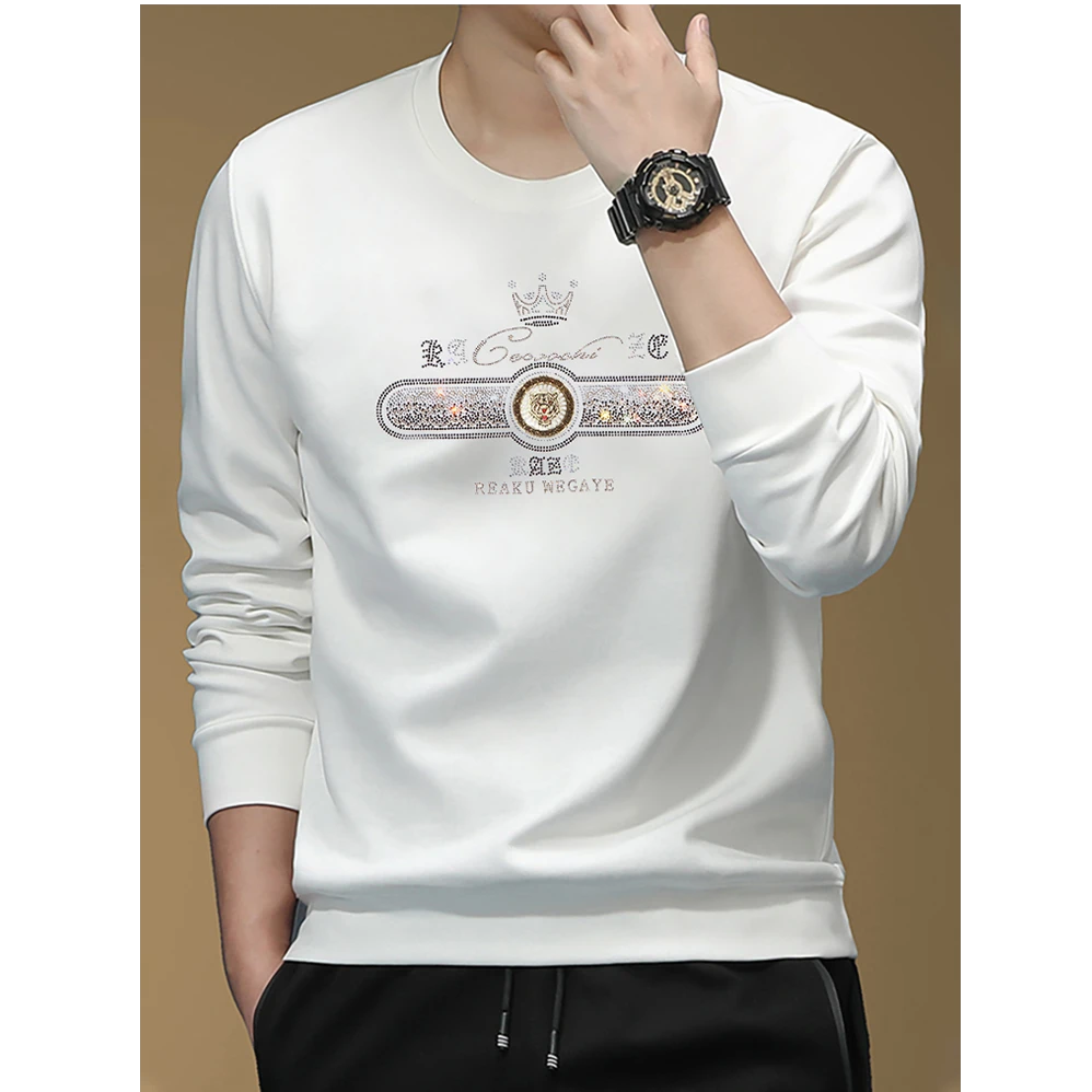 男士潮流长袖卫衣秋冬款时尚休闲套头加绒加厚百搭潮牌重工烫钻