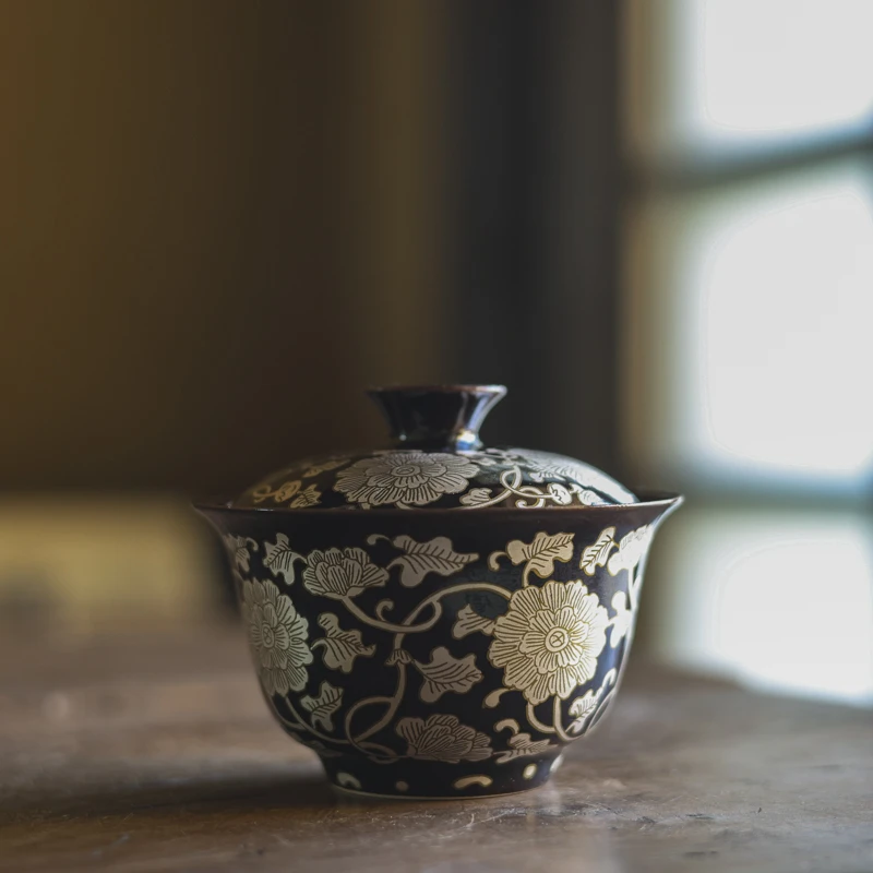 【陶珊居】精选黄丽君陶瓷手工绘画银花乌金盖碗 100ml 黑美人V0863