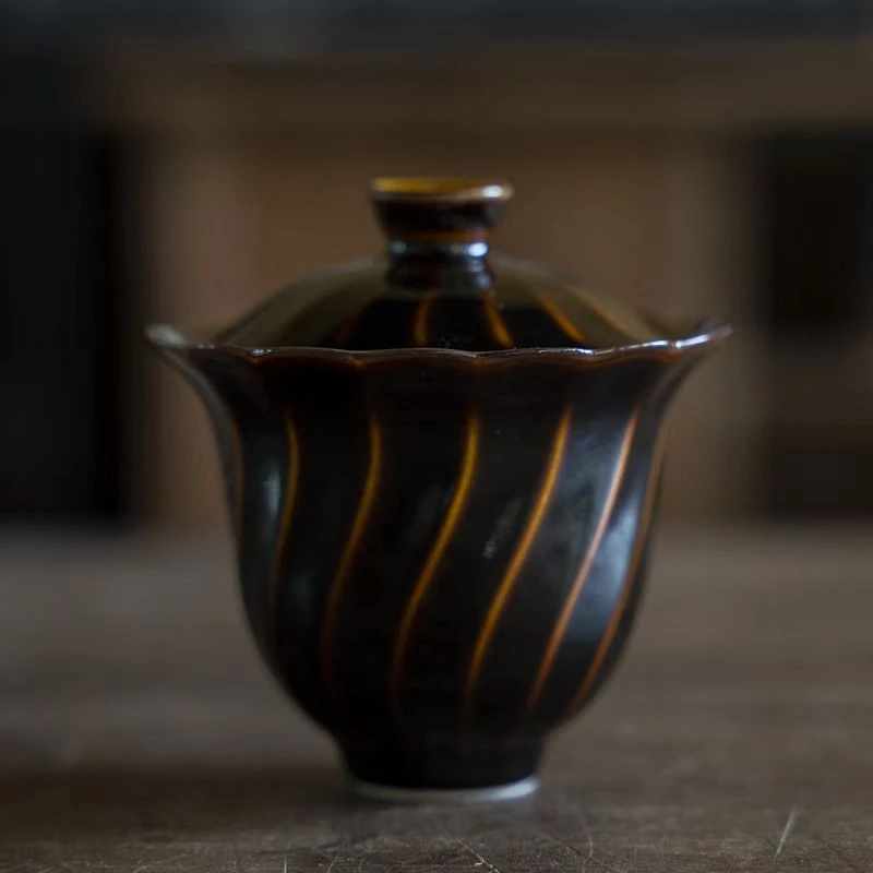 *【陶珊居】黄丽君黑美人旋纹盖碗手工手绘黑美人旋纹盖碗家用室用