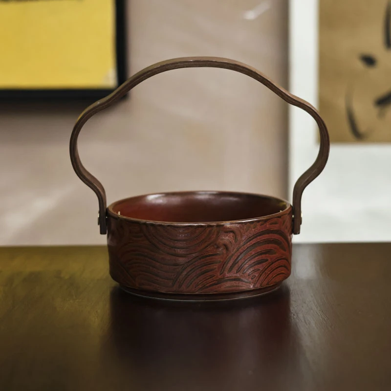 【陶珊居】红金釉12公分海浪提梁果盘（Q3741）