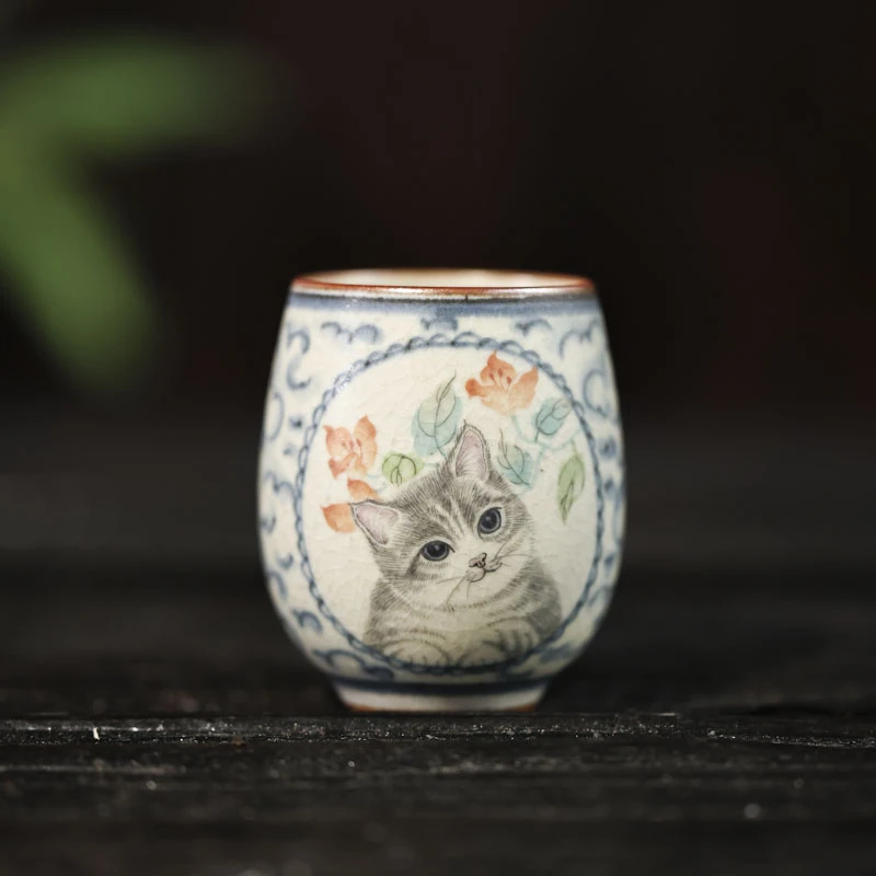 【陶珊居】 开窗祥云猫咪-朴云堂-腰鼓杯-60CC（朴杯0201）