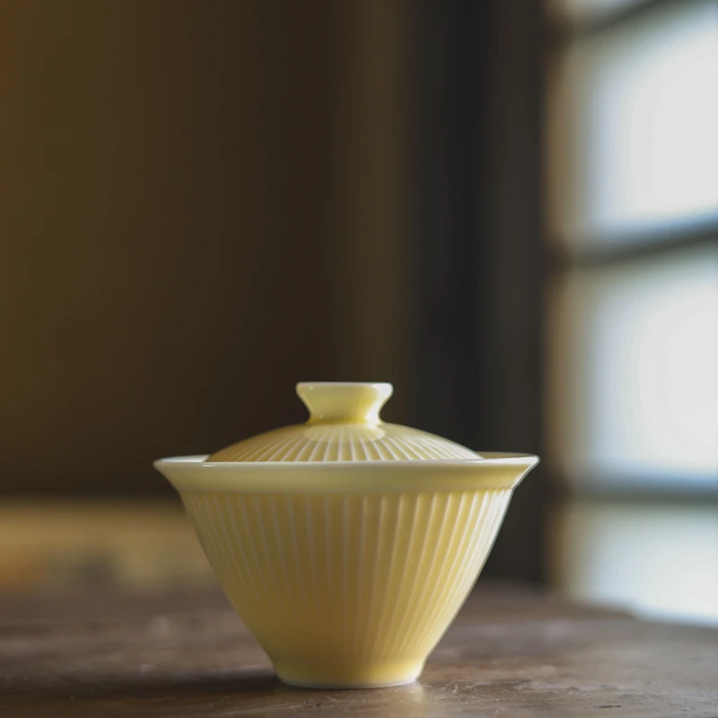 *【陶珊居】黄丽君斗笠条纹月光白盖碗陶瓷茶碗瓷盖碗纯色泡茶碗小