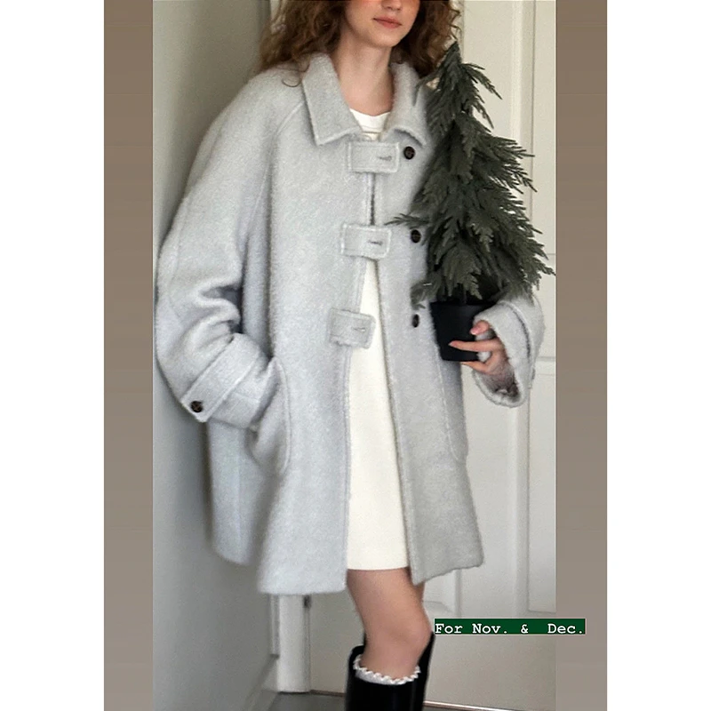 Letm收藏一个冬天圈圈绵羊毛复古方块扣袢翻领中长款呢大衣外套女