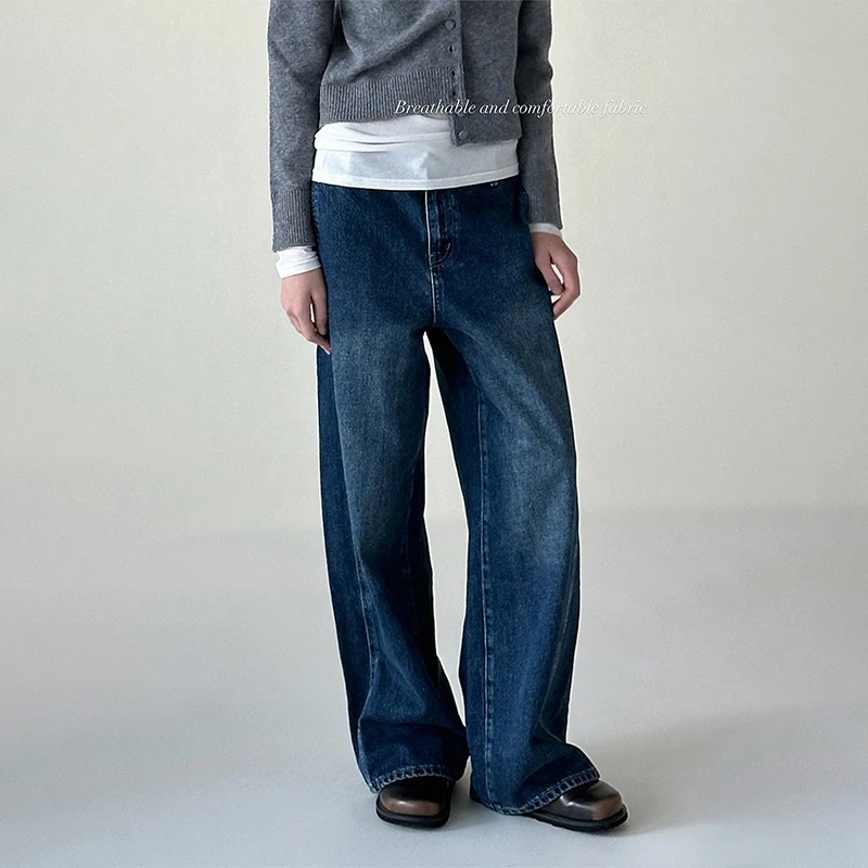 Letm denim显腿长'复古水洗100长绒棉宽松好搭配直筒牛仔裤女