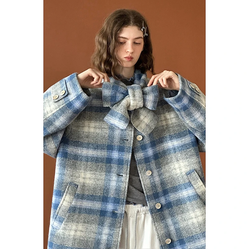 ®Letm下雪的周末’高支重磅绵羊毛圈圈呢格纹单面呢大衣 一衣多穿