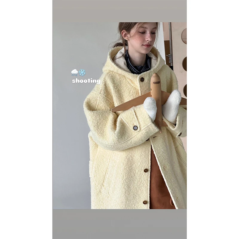 LETM叙写冬天’复古绵羊毛呢芝士黄宽门襟连帽中长款大衣外套女冬