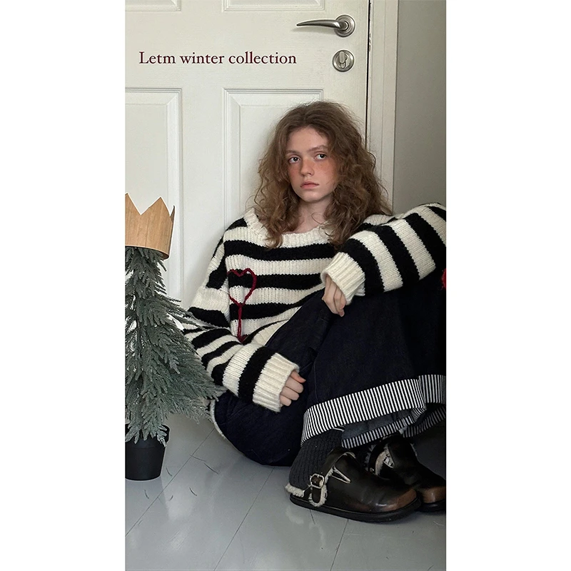 ®Letm【sweet heart】冬日微甜瞬间’条纹绵羊毛撞色手工爱心绣毛衣